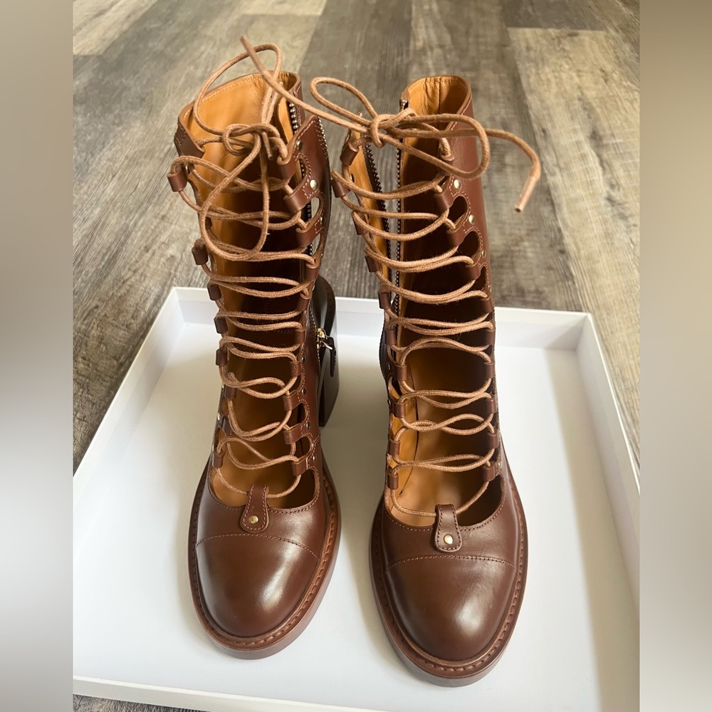 Chloe Brown Lace-Up Leather Mid-Calf Boots
